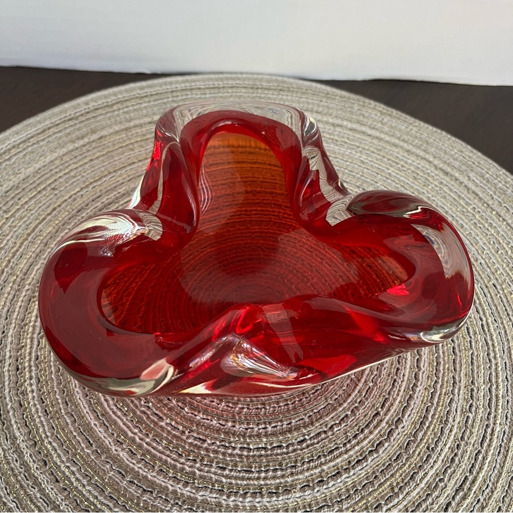 Vintage Murano Style Red Art Glass Ashtray Bowl Mid Century Modern